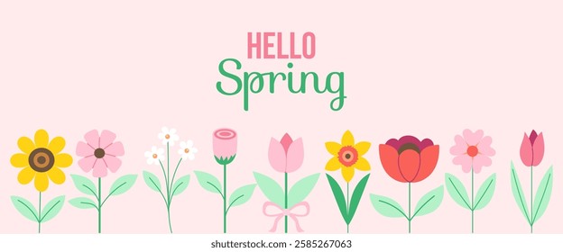 A colorful floral design with the words "Hello Spring" written in cursive. The flowers are arranged in a row, with some of them overlapping each other. Scene is cheerful and vibrant