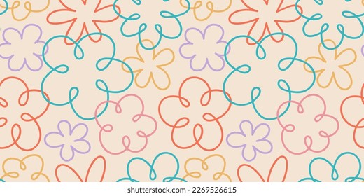 Colorful floral doodle seamless pattern illustration. Vintage flower drawing background design. Retro pastel color spring artwork, abstract hand drawn nature backdrop with daisy flowers.