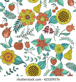 colorful floral doodle seamless pattern. vector, leaves, sunflowers, cherry, strawberry, tulip, pear, stems, Bluebell, campanula. vector, leaves, sunflowers, cherry, strawberry, tulip, pear, stems