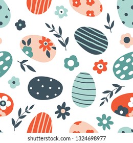 Colorful floral Easter seamless pattern. Cute doodle eggs with lines, dots, leaves and flowers. Easter holiday texture for textile, paper, decoration. Spring vector hand drawn Illustration