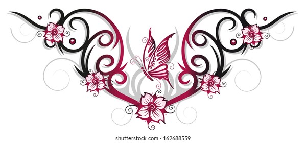 Colorful floral element, cherry blossoms with butterfly