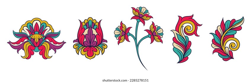 Colorful Floral Elements Based on Traditional Asian Ornaments Vector Set
