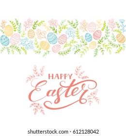 Colorful floral elements with decorative Easter eggs and lettering Happy Easter on white background, illustration.