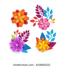 Diseño Gráfico De Elementos Florales Coloridos Con Flores De Primavera En Fondo Blanco Ilustración Vector Plano