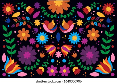 Colorful floral embroidery mexican background design. vector illustration.