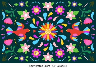 Colorful floral embroidery mexican background design. vector illustration.