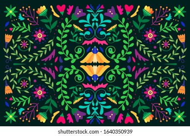 Colorful floral embroidery mexican background design. vector illustration.