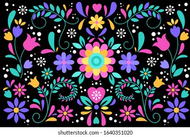 Colorful floral embroidery mexican background design. vector illustration.