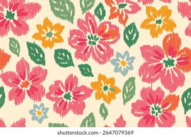 Colorful floral embroidery pattern with bright pink, orange, green and blue flowers and leaves on cream background, seamless textile design for fabric, clothing, fashion and decoration artwork.