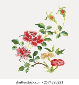 Colorful floral embroidery with red and pink flowers, green leaves. Embroidery art with flowers, detailed floral design, intricate embroidery pattern. Vintage floral illustration isolated, vector.