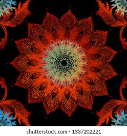 Colorful floral embroidery seamless 3d mandalas pattern. Grunge ethnic style ornamental background. Bright tapestry round mandalas. Embroidered flowers with zigzag lines. Stitching textured ornament