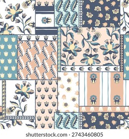 Colorful floral ethnic patchwork pattern design. Fashionable patchwork floral background for fabric, textile, wallpaper and wrapping.
