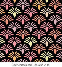 Colorful floral fan seamless pattern on black.This image features a repeating pattern of fan-shaped floral designs in soft pastel tones Perfect for textiles,wallpapers and graphic design projects.