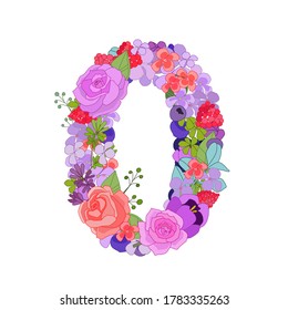 Colorful floral figure with roses 0. Beautiful number zero