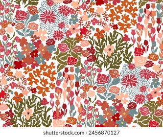 Colorful floral filed background, summer time seamless pattern. Cute tiny flowers aesthetic contemporary design for textile prints.