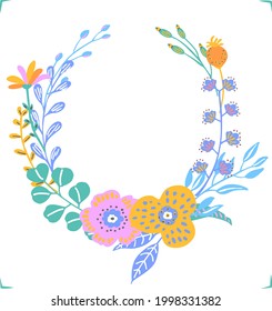 colorful floral flowers branches twigs wreath, isolated vector illustration