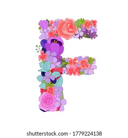 Colorful floral font alphabet with roses. Beautiful capital letter F