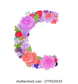 Colorful floral font alphabet with roses. Beautiful capital letter C