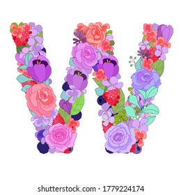 Colorful floral font alphabet with roses. Beautiful capital letter W