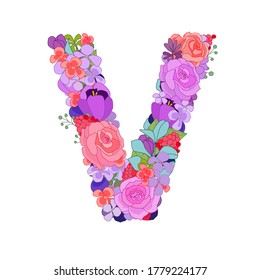 Colorful floral font alphabet with roses. Beautiful capital letter V