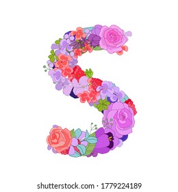 Colorful floral font alphabet with roses. Beautiful capital letter S