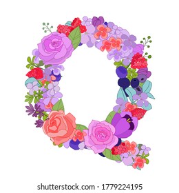 Colorful floral font alphabet with roses. Beautiful capital letter Q