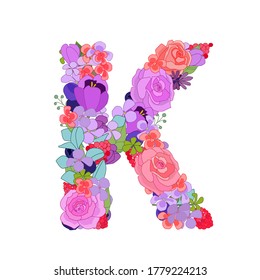 Colorful floral font alphabet with roses. Beautiful capital letter K