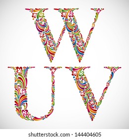 Colorful Floral Font, Ornate Alphabet Letters U V W, Vector.