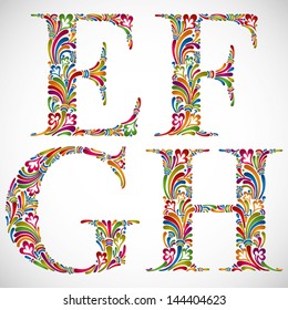 Colorful floral font, ornate alphabet letters E F G H, vector.