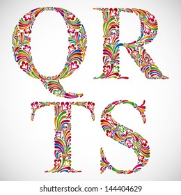 Colorful Floral Font, Ornate Alphabet Letters Q R S T, Vector.