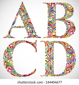 Colorful Floral Font, Ornate Alphabet Letters A B C D, Vector.