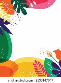 Colorful floral frame for banner, background, flyer, poster and instagram feed decorated with leaves and branches.