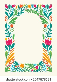 Colorful floral frame design with vibrant hand drawn leaves, flowers, and swirls, perfect for invitations, greeting cards, or posters. A cheerful and decorative border with nature-inspired elements