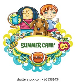 Colorful floral frame with little children and their pet dog, bee, football. Summer location on playground.  Template for advertising brochure, website banners, kids party invitation, summer art camp