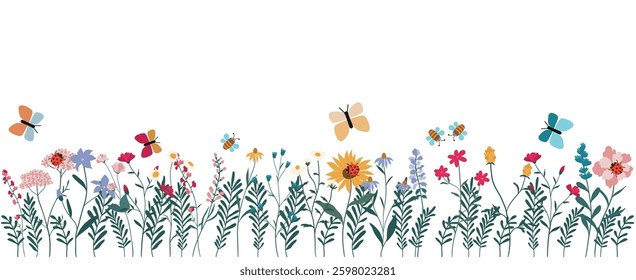 Colorful floral frame with many flowers, grass, ladybugs, butterflies and bees. Flowers in a line at the bottom. Vector illustration