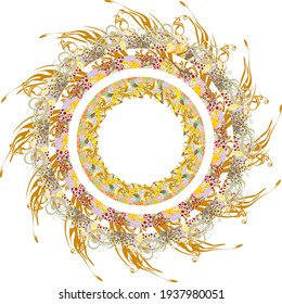 Colorful floral frame splashes on a white backdrop. Beautiful luxury frame with free space in the circle form like a sun for holidays and events, invitation cards, prints, wallpaper, textiles, etc.