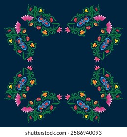 Colorful Floral Frame Vector for Decorative Designs. Vibrant floral frame vector on dark background, ideal for invitations, greeting cards, and decorative designs. High-quality digital illustration.