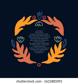 Colorful floral frame in vector. Template with some space for text. Composition with plant elements on navy background. Perfect for social media, magazines, posters and cards.