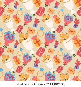 Colorful floral and gifts hand drawn seamless pattern. Romantic background. Morend vector print. 