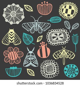 Colorful floral graphic design. Trendy creative hand drawn abstract flowers, leaves and butterflies. Doodle sketch style freehand illustration