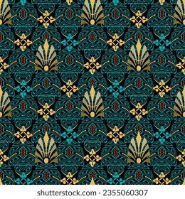 Colorful floral greek seamless pattern. Beautiful ornamental greek vector background. Symmetrical repeat backdrop. Greek key meanders modern lines ornaments with vintage flowers. Endless texture.