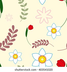 Colorful Floral Greeting card. International Happy Mothers Day with Bunch of Spring Flowers. Womens Day. Holiday background. Beautiful bouquet. Trendy Design Template. Seamless pattern