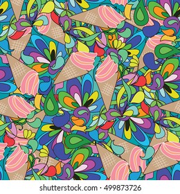 Colorful floral hand draw vector seamless pattern background wallpaper illustration with tasty decorative cartoon ice cream ,paisley flowers,abstract bright ornaments.Paisley cartoon.Paisley pattern