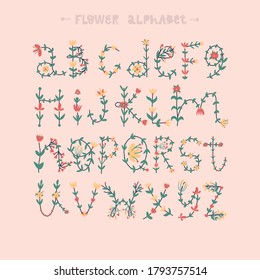 Colorful floral handdrawn alphabet.Lettering and Custom Typography for Designs: Logo, for Poster, Invitation, etc.Cute abc decorated with flowers.