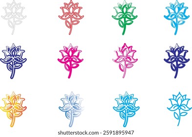 Colorful floral icons, minimalist tree designs, vibrant color palette, geometric botanical shapes, stylized nature symbols, abstract flower illustrations, symmetrical plant motifs, simplified tree sil