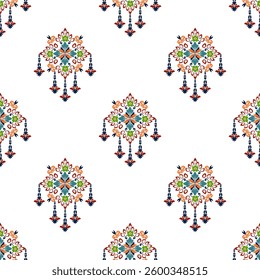 Colorful floral Ikat geometric folklore ornament. Oriental vector damask pattern. Arabesque style. Tribal ethnic texture. Spanish motif for rugs. Aztec style. Gypsy, Mexican pottery. Turkish tiles