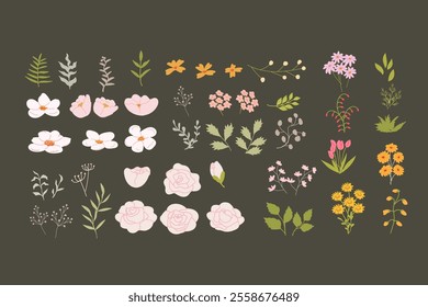 Colorful floral illustration with diverse flower varieties on dark background.