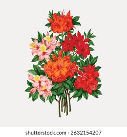 Colorful floral illustration featuring red and pink flowers with lush green leaves. Vibrant flowers, red and pink, surrounded by green leaves, create a lively design. Vintage art illustration vector.