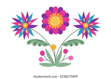 Ilustración floral colorida del arte popular mexicano con flores y hojas vibrantes. Vector dibujado a mano composición de simetría sobre fondo blanco aislado sobre fondo blanco