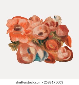 Colorful floral illustration with orange and pink flowers. Vibrant flowers create a lively floral composition. Artistic floral design with bold colors. Vintage botanical illustration vector.